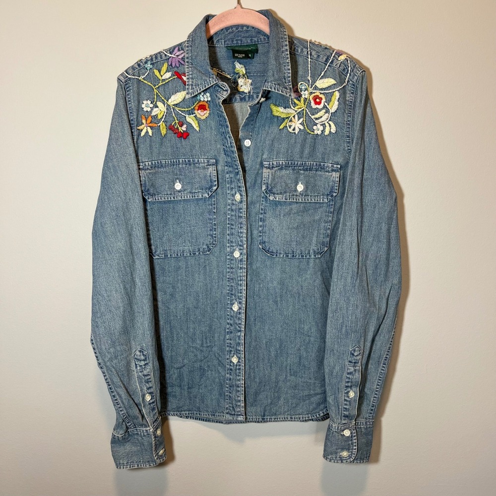 Lauren Ralph Lauren Floral Embroidered Denim Button Down Shirt Medium Blue